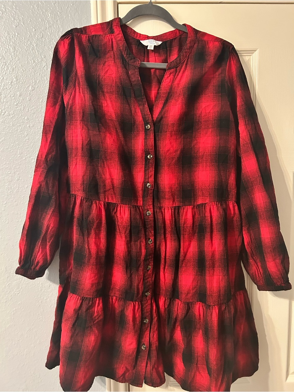 Time and Tru Red and Black Plaid Tiered Button-Front Mini Dress
